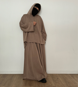 New Safar hoodie set knit Latte tok (top + skirt )