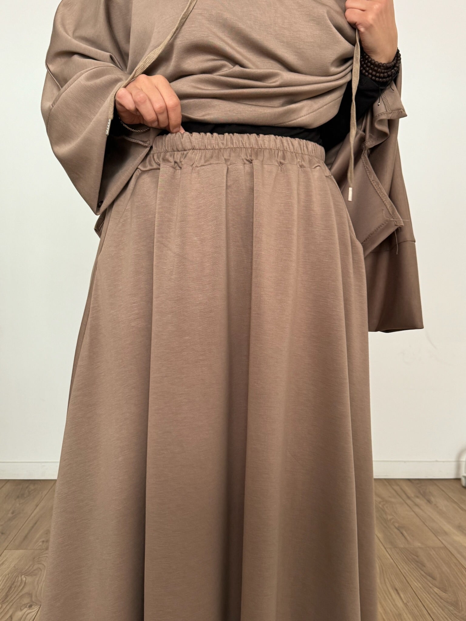 New Safar hoodie set knit Latte tok (top + skirt )