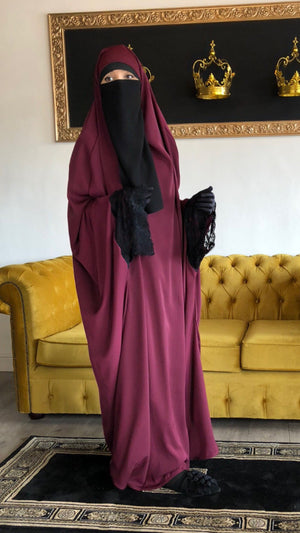 JILBAB KIMONO YASMEEN DELUXE BURGUNDY (LACE OR PLAIN)