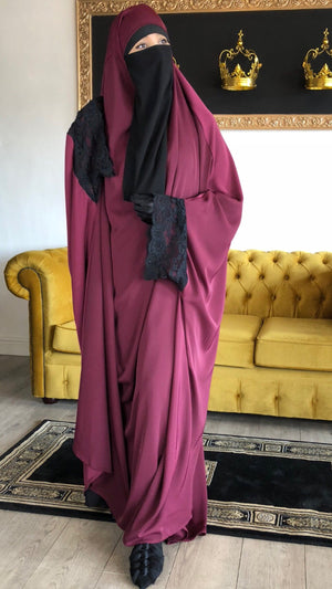 JILBAB KIMONO YASMEEN DELUXE BURGUNDY (LACE OR PLAIN)